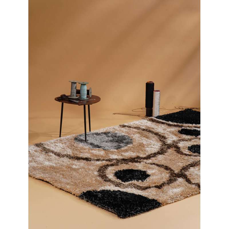 Tapis d'extérieur touffeté à la main en polyester Wooters - Rectangle | Beige et multicolore | Conception géométrique | Tapis de salon, chambre à coucher