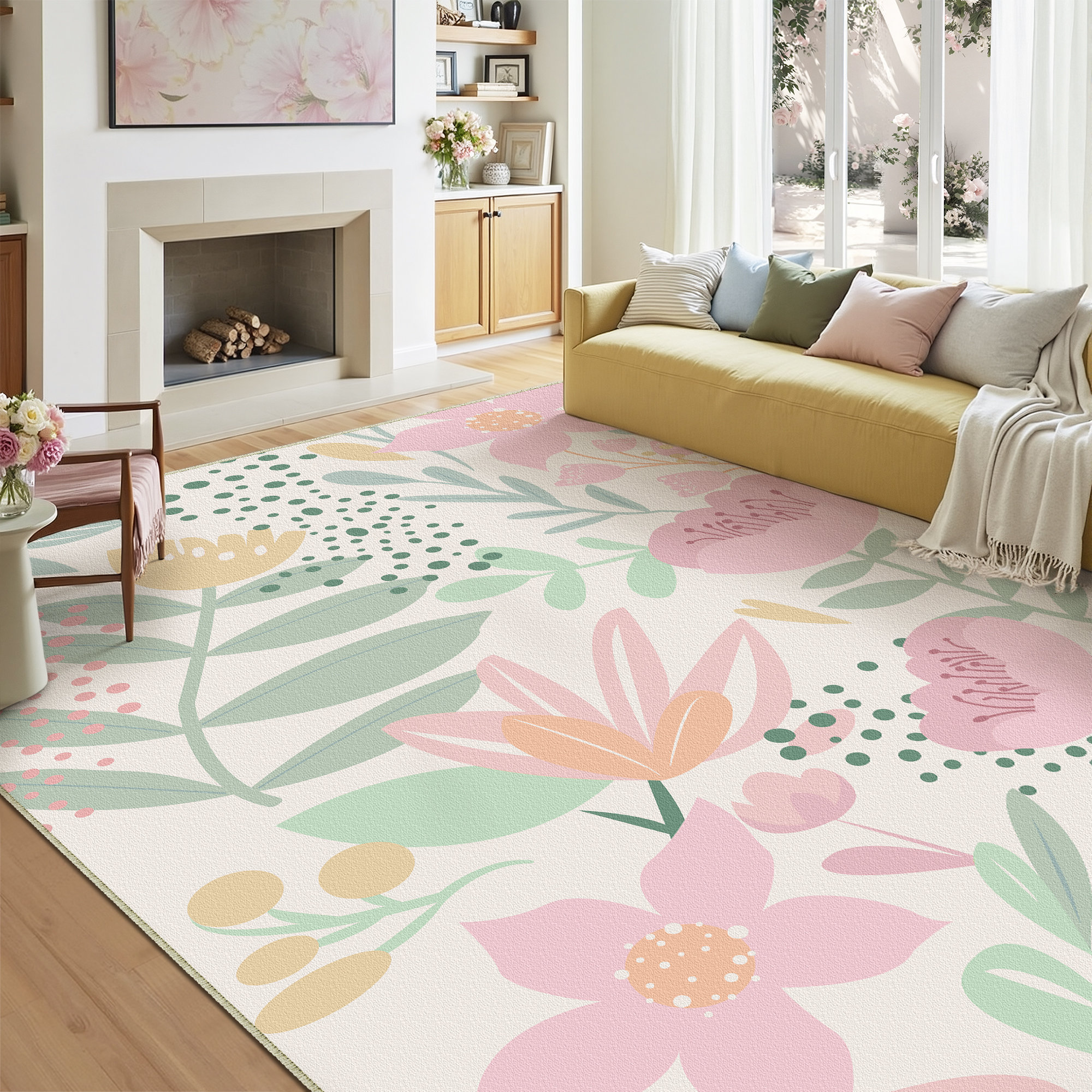Bungalow Rose Cherry Machine Washable Floral Area Rug With Non-Slip ...