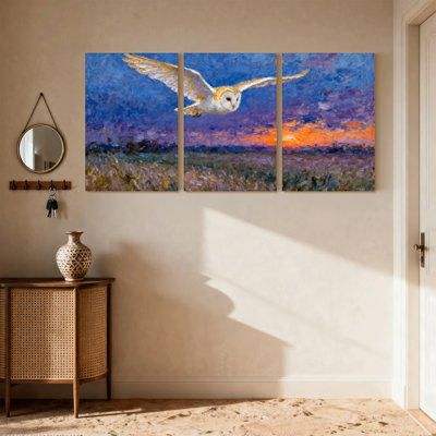 Oiseaux hiboux en vol au coucher du soleil, ensemble de 3 impressions sur toile