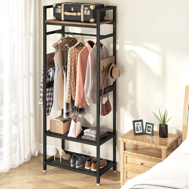22.75" Rustic Brown & Black Small Clothes Rack, Heavy-Duty Freestanding Closet Organizer with Hanging Rod, 4 Hooks