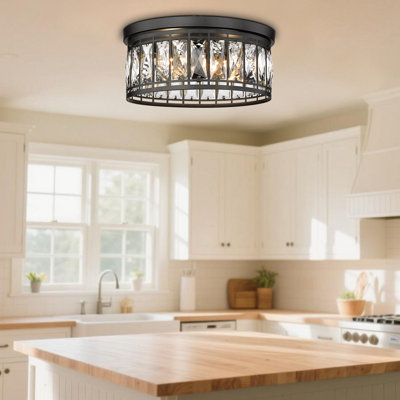 Plafonnier encastré en cristal, luminaire de plafond contemporain, plafonnier industriel à 3 lumières E12 pour chambre à coucher, salon, îlot de cuisine (noir)