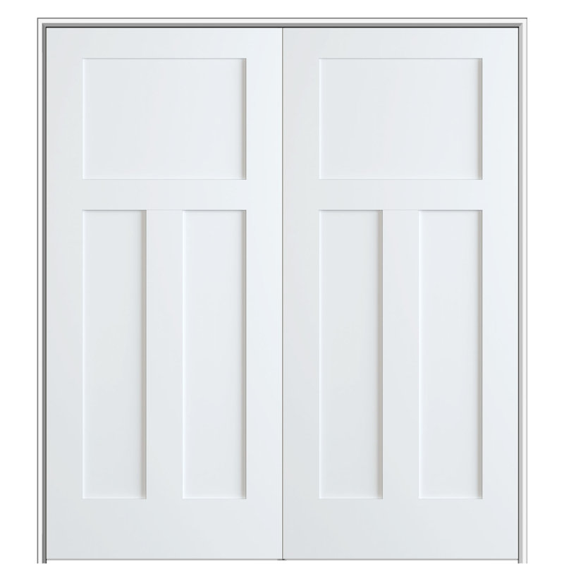 Primed White MDF 3-Panel Interior French Door with Satin Nickel Hinges
