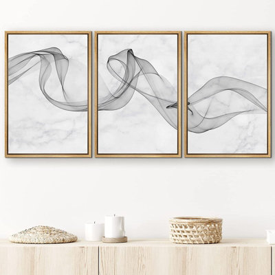 "Signature", impression sur toile encadrée, rubans de fumée transparents, formes géométriques, art numérique, art moderne, minimaliste, détente / calme, multicolore foncé, pour le salon, la chambre à coucher et le bureau - 24 po x 36 po x 3 po