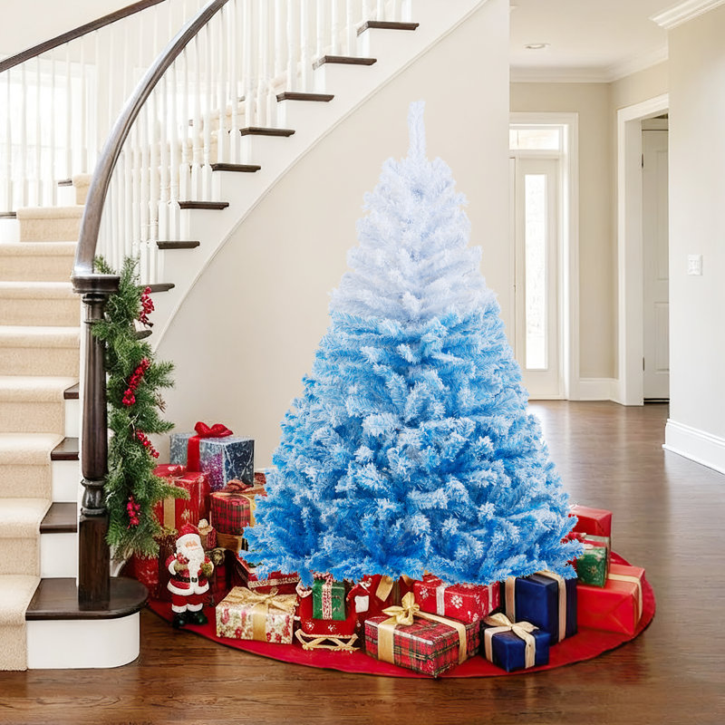 Arbre de Noël artificiel 6 pi avec 820 branches et base pliante en métal blanc et bleu, H 6 pi, Blanc / Bleu