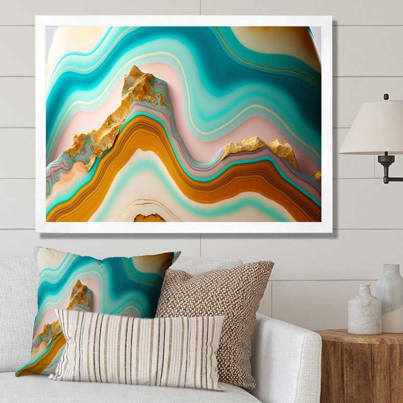 Liquide Harmony agate turquoise sur toile, H 34 po x l 44 po, Encadrement doré