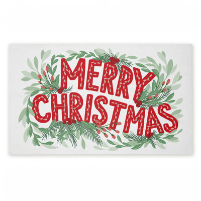 Retro Merry Christmas & Foliage Printed Outdoor Door Mat, design by Heather McLaughlin, 18"x30"