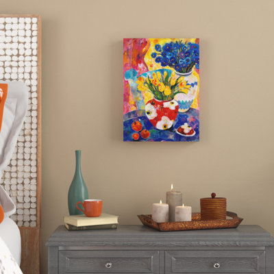 «Redvase of Yellow Tulips», reproduction de peinture à l'aquarelle sur toile tendue