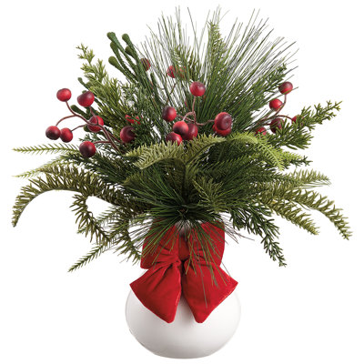 16" Faux Berry Mixed Pine Arrangement in Ceramic Vase