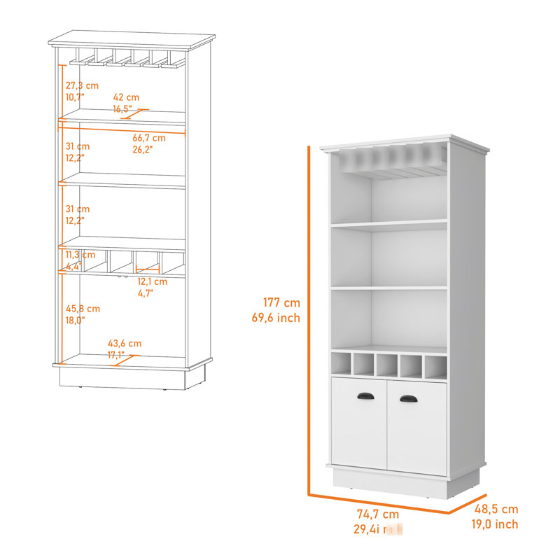 Bar blanc avec rangement pour bouteilles efficace - 3 tablettes, 5, porte-verres élégant pour la structure de divertissement à domicile