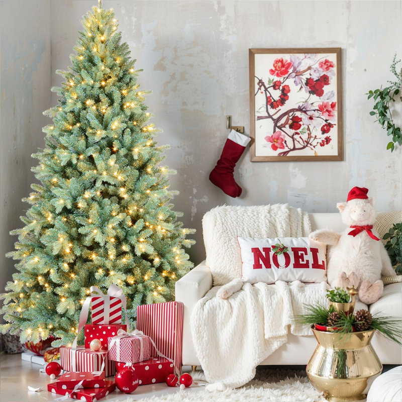 Arbre de Noël 6 pi PE / PVC bleu-vert, Blanc chaud, Illuminée