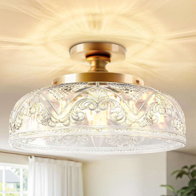 12 Inch Semi Flush Mount Ceiling Light, 3-Light Gold Farmhouse Light Fixture With Glass Globe Shade For Kitchen Bathroom Hallway
