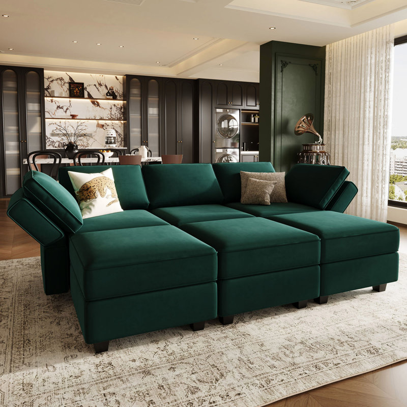 Canapé-lit modulaire en velours Teangela, Velours vert