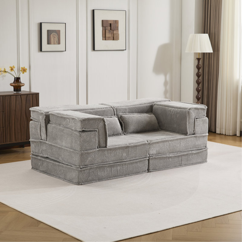Compression Mahjong Sofa,Convertible Floor Sofa Bed,DIY Boneless Modular Sectional Sofa,No Assembly Required,Circle Fleece Fabric,Modern Oversized Loveseat,Light Grey