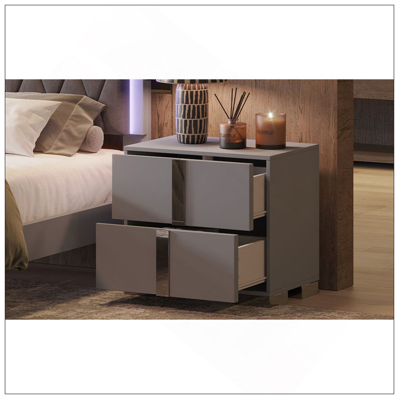 Table de chevet élégante avec poignées en métal, 2 tiroirs spacieux pour la chambre à coucher et le salon, gris