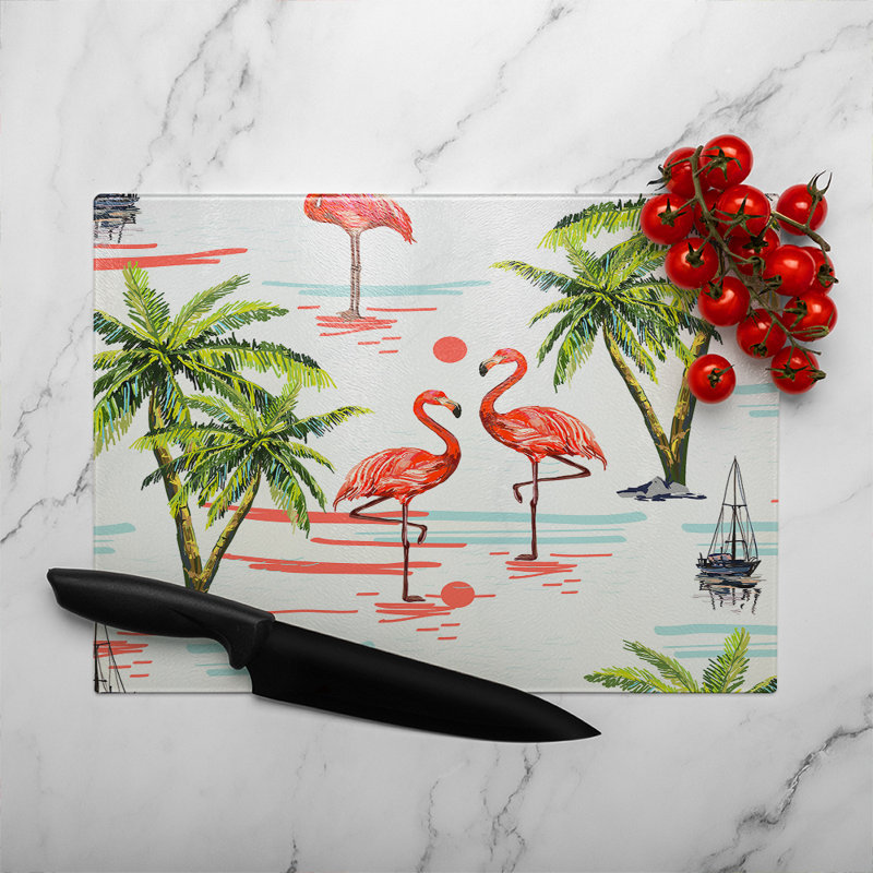 Flamingo & Palm Trees Glass Chopping Board
