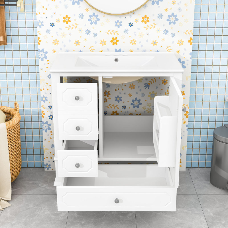 Meuble-lavabo en bois durable avec lavabo intégré et tablettes de rangement, Blanc / blanc