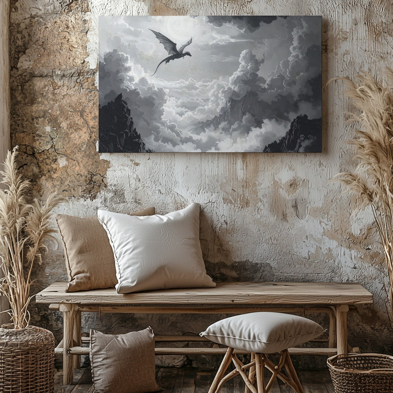 Toile solitaire avec dragon monochrome, H 9 po x l 12 po