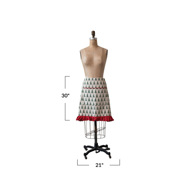 Cotton Printed Half Apron With Christmas Tree Pattern, Pocket And Ruffle