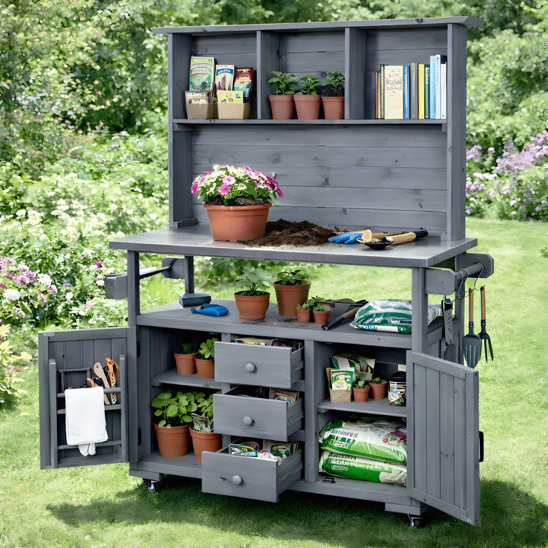 Banc de rangement avec roues verrouillables et huche, Gris