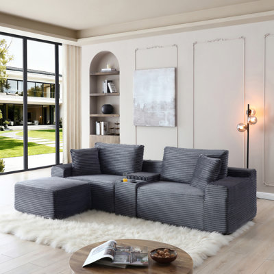 Canapé modulaire modulaire avec assise profonde, tissu en velours côtelé, porte-gobelets, ports USB et boîte de rangement, canapé-lit avec repose-pieds mobile, aucun assemblage requis, gris