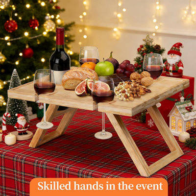 "Folding Wine And Snack Table With 5 Glass Holders – Compact Champagne, Cheese, And Snack Table For Camping, Beach, Or Park"