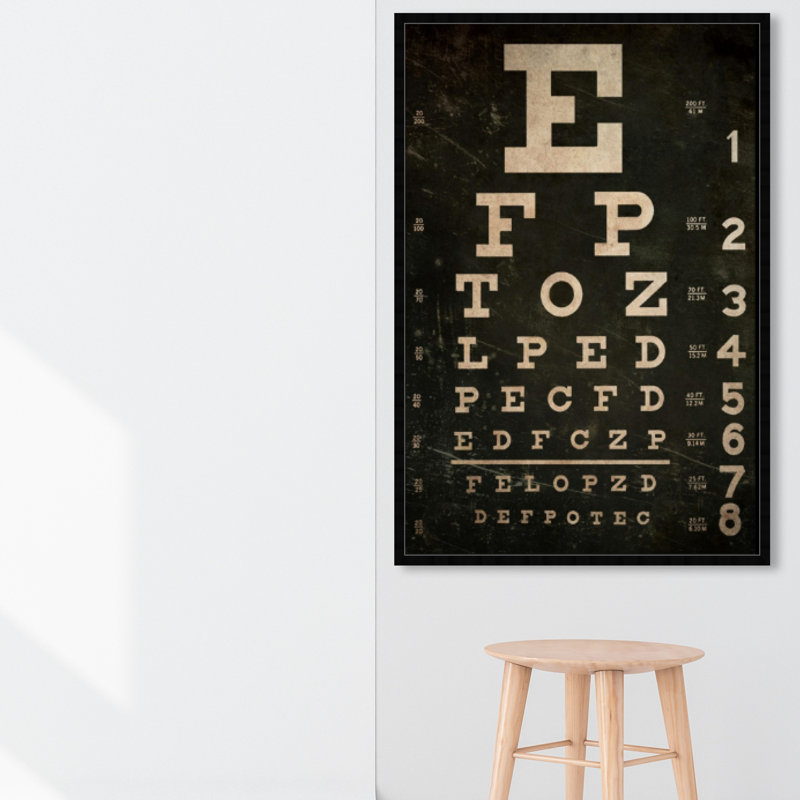 « eye test », art textuel encadré, H 56 po x l 38 po x P 0,5 po