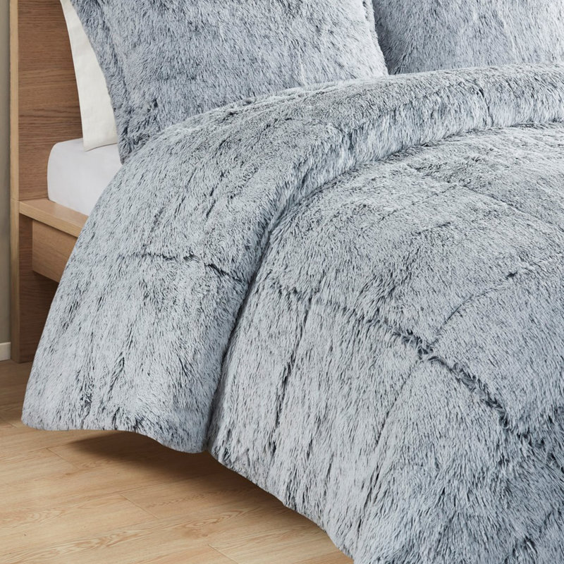 Édredon gris simple / simple TG avec fourrure à poils longs élégante, chaud, comprend 1 taie décorative, emballage compact pour le gris, lavable à la machine