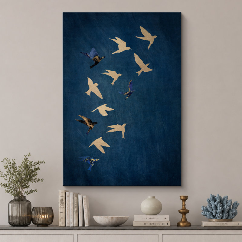 Indigo Navy Blue Bird Flying Artwork, Vintage Abstract Minimalist Bedroom Pictures, Large Framed Canvas Giclee Print Wall Art