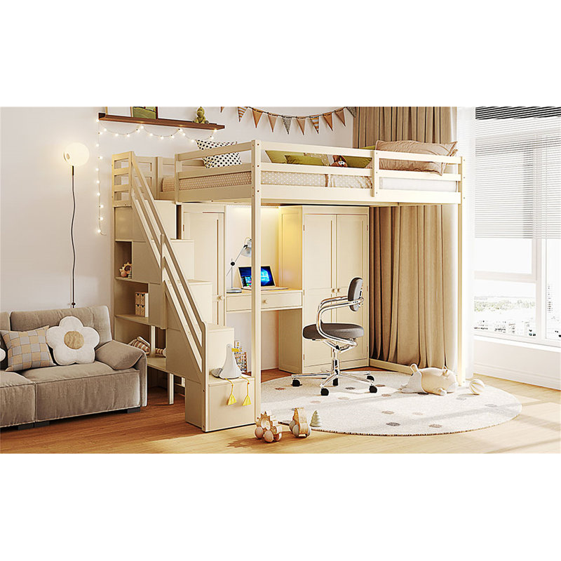 Lit mezzanine double avec escalier de rangement, Beige