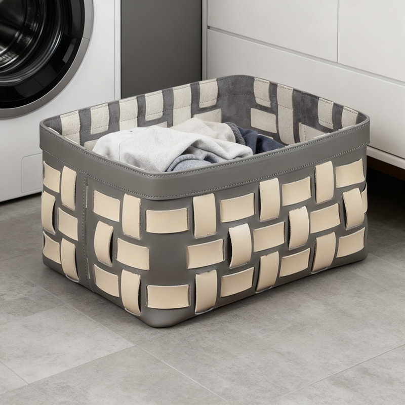 Large Capacity Leather Laundry Hamper With Two-Tone Design -  For Bathroom, Bedroom, Kids Room - Organize Clothes, Toys And More