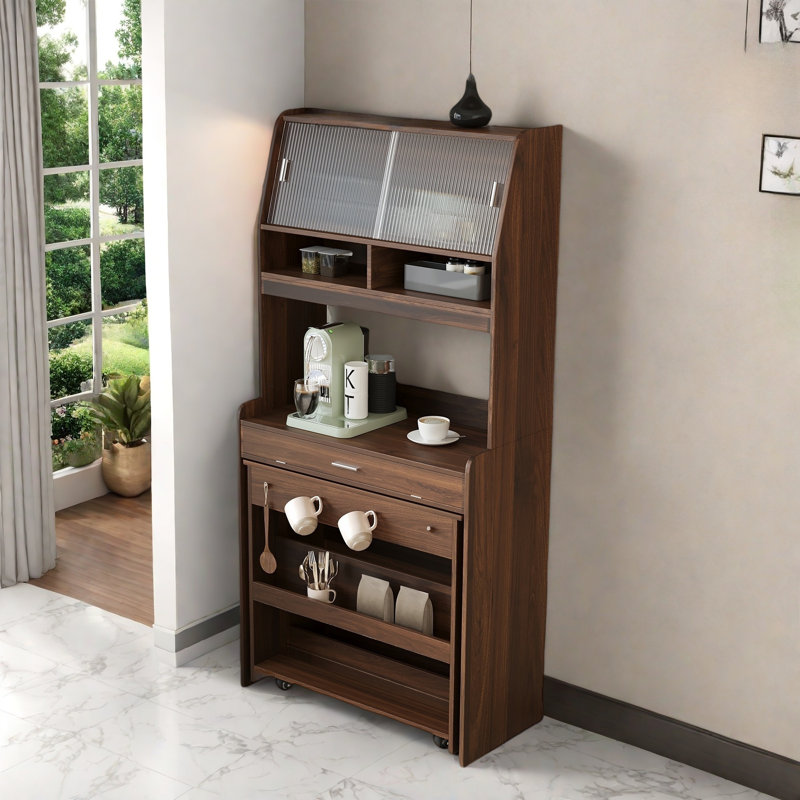 Buffet With Hutch And Foldable Dining Table, Storage Shelves, Side Hooks And A Cabinet With Sliding Doors, Walnut