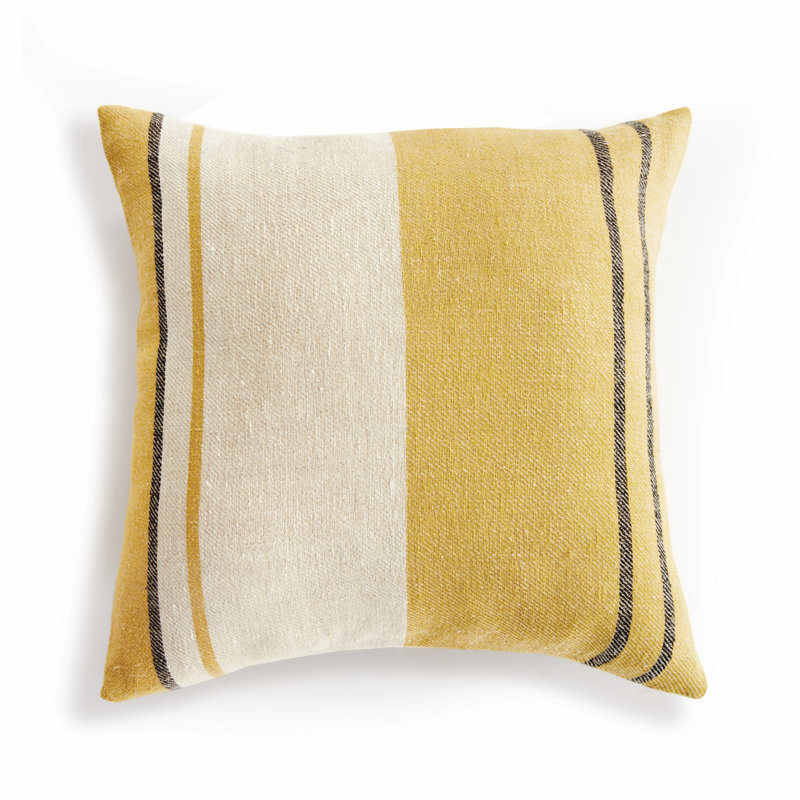 Finn Linen Throw Square Pillow Cover & Insert, Ochre/Charcoal Striped, Square 20" x 20"