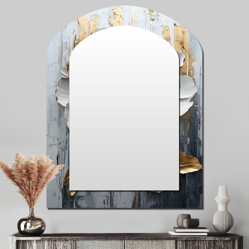 Or doré marbre blanc pivoine IV - miroir décoratif arche de pivoine, 43 po x 33 po