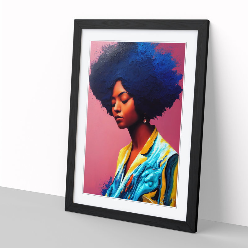 FRM-V0523-2939X Woman With Afro Paint Pouring - Single Picture Frame Print, Black, 46cm H x 34cm W x 2cm D