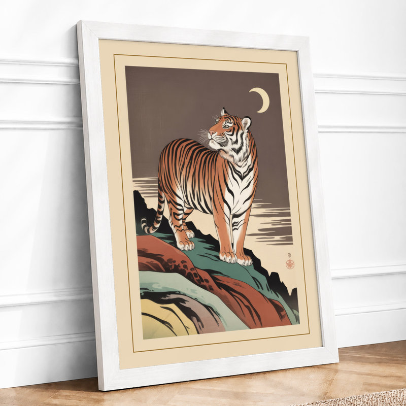 Tiger at Moonrise Japandi - Framed Print, A1 - 84.1 x 59.4 cm, White