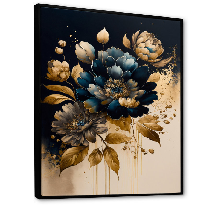 «Biston Blue and Gold Zinnia Flowers II», reproduction sur toile, H 32 po x l 16 po x P 1 po, Cadre flottant noir