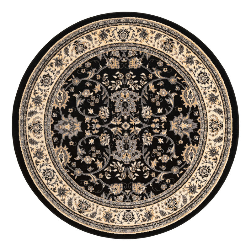 Tapis noir à motif floral Hanan, Black, Rond 6 pi 1 po