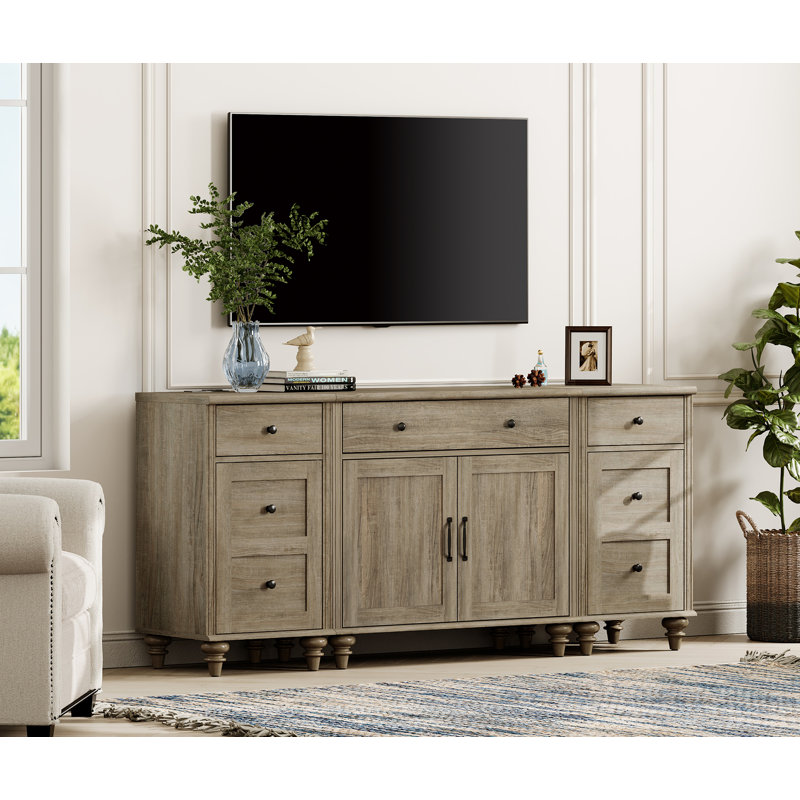 TV Stand For 75 Inch TV, 3-In-1 TV Console Table For 75/80/85/90 Inch TV, Entertainment Center With Charging Station, Kitchen Sideboard Buffet Cabinet For Dining Room, Wash Gray