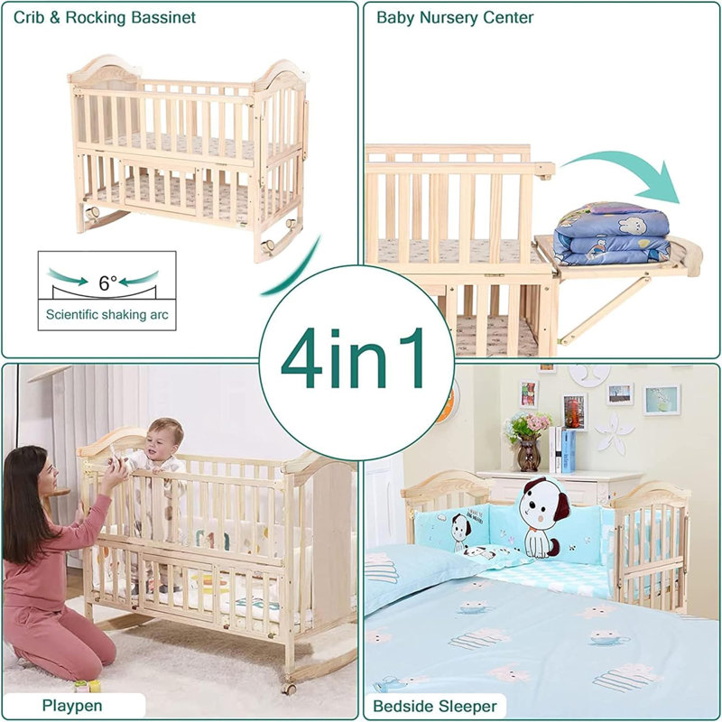 Mini lit de bébé convertible 6-en-1 avec rangement pour matelas en mousse à mémoire de forme (38 po), Blanc