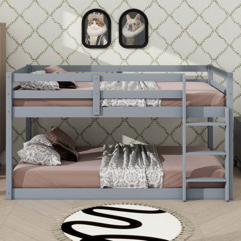 Twin Size Stacked Floor Bunk Bed With Ladder Included, Gray