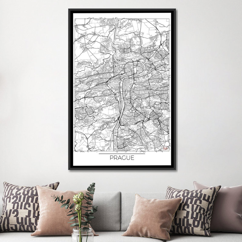 « prague minimal blueprint map », impression sur toile, H 26 po x l 18 po x P 1,5 po, Toile avec cadre noir, Pas de tapis