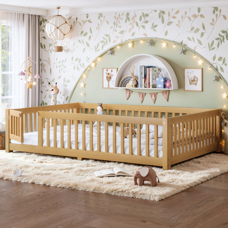 Grand lit en bois massif avec garde-corps et porte, Naturel, Grand lit