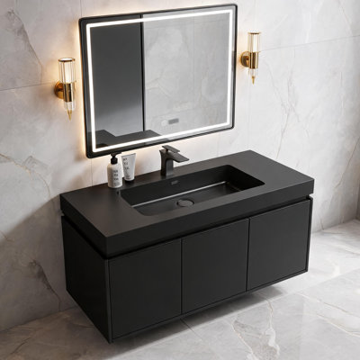 Lavabo de salle de bain intégré de 91 cm (36 po) en surface solide noire mate avec trop-plein intégré