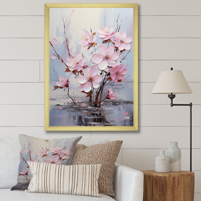 Rose et gris fleur de fuchsia Serenity Blooms 1 - Fuschia, art mural, Cadre doré simple, H 32 po x l 24 po x P 1 po