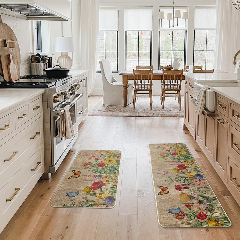 Kitchen Rugs - Multicolor, Wood Flowers & Butterfly, Spring Floor Mats, Set Of 2