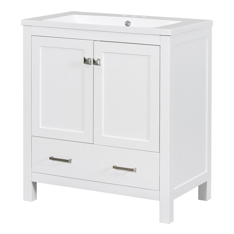 Ensemble de meuble-lavabo simple 30,01 po avec plateau en bois massif Rahish, Blanc