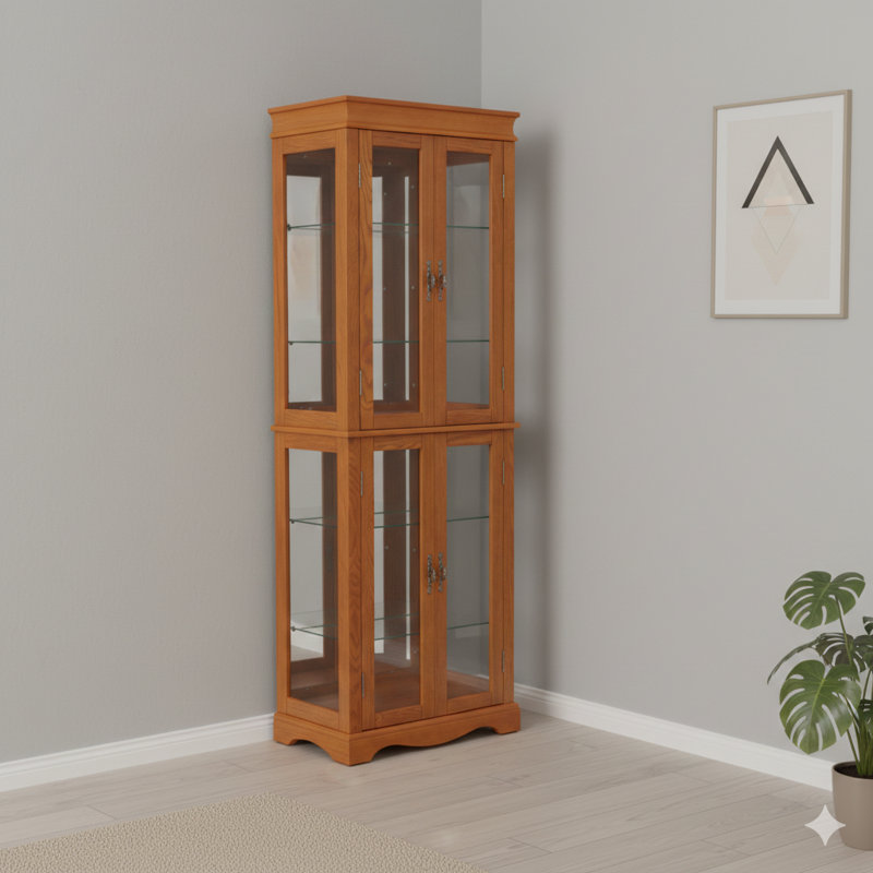 Illuminated Glass Curio Display Cabinet, Glass Showcase Storage Unit, Glass Wine Cabinet With Wood Frame For Toy Display In Living Room, Kitchen, Or Pantry, Includes Light Bulb, In Oak