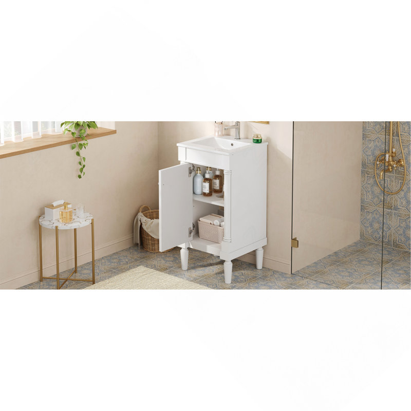 Armoire de salle de bain de style français 18 po avec rangement, solution pour petit espace avec lavabo en céramique, tablette réglable, charnières à fermeture en douceur