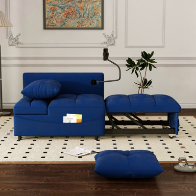Chaise d'invité polyvalente en velours bleu - pliable, dossier réglable, 105 à 180 degrés, et lit de téléphone pliable, port à 3 angles