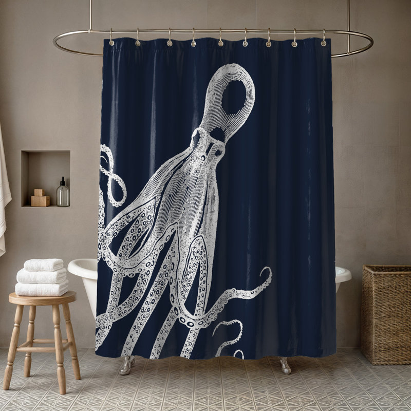 Rideau de douche simple Pacheco, Blanc / Bleu marine